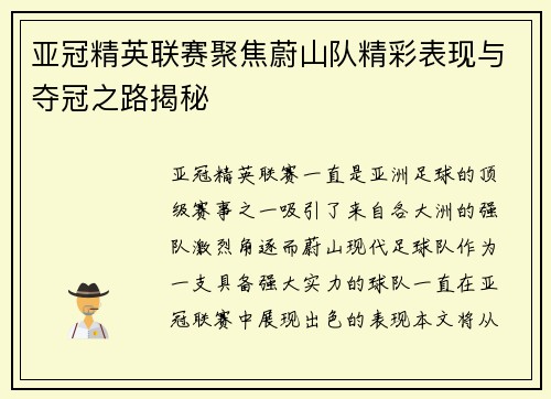亚冠精英联赛聚焦蔚山队精彩表现与夺冠之路揭秘