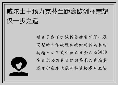 威尔士主场力克芬兰距离欧洲杯荣耀仅一步之遥 威尔士主场力克芬兰距离欧洲杯荣耀仅一步之遥